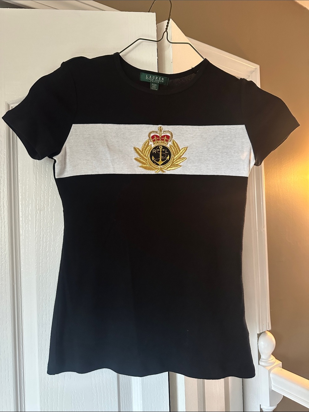 NWT 100% Cotton Ralph Lauren Black Tee with White Chest Band and Gold Crest